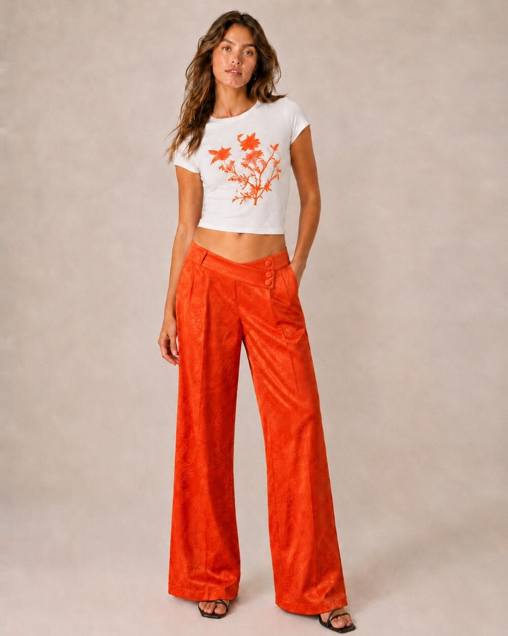 Desigual Orange Floral Jacquard Trousers L Crossover Waist Long Inseam Tall